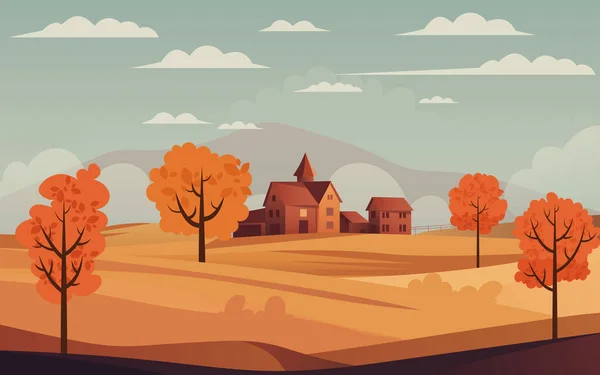 Живописный Осенний Пейзаж Деревенская Ферма Холмах Окруженная Красочными Деревьями Теплым — стоковый вектор