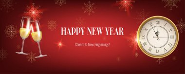 Gerçekçi kırmızı yeni yıl afişi, içinde bir saat, kar taneleri ve şampanya var. Altın ve Noel temalı süslemeler. Davetiyeler, selamlar ve organizasyonlar için uygun. Yapay zeka oluşturulmadı.