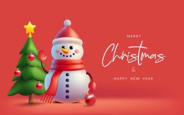 Noel afişi olarak sevimli bir kardan adam ve çam ağacının 3 boyutlu temsili. Gerçekçi unsurlarla birlikte tatil tasarımı. Yapay zeka oluşturulmadı.