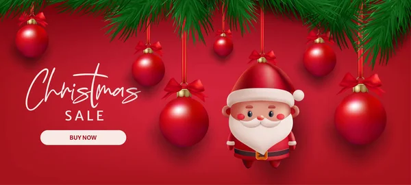 Noel Baba oyuncağı, cam toplar, çam ağacı dalları ve 3 boyutlu vektör çizimi kırmızı arka planda süslü süslemeler. Tatil sezonu. Yapay zeka oluşturulmadı.
