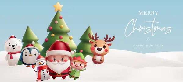 Noel illüstrasyonu kış manzarası sevimli üç boyutlu karakterler. Noel Baba, ren geyiği, elf, penguen, kutup ayısı ve bir kardan adam, Noel ağacı. Tatil kutlamaları ve dekorasyonlar için mükemmel. Yapay zeka oluşturulmadı.