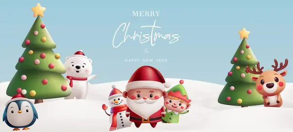 Noel illüstrasyonu kış manzarası sevimli üç boyutlu karakterler. Noel Baba, ren geyiği, elf, penguen, kutup ayısı ve bir kardan adam, Noel ağacı. Tatil kutlamaları ve dekorasyonlar için mükemmel. Yapay zeka oluşturulmadı.