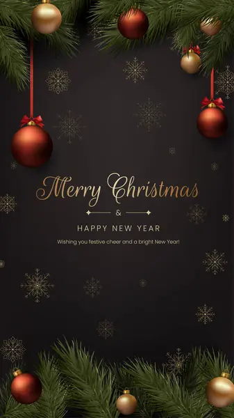 Dekoratif tasarımlı bir Noel kartı. Altın toplar, siyah arka plan, zarif lüks kar taneleri, neşeli ve neşeli atmosfer. Tatil kutlamaları ve selamlar için. Yapay zeka oluşturulmadı.