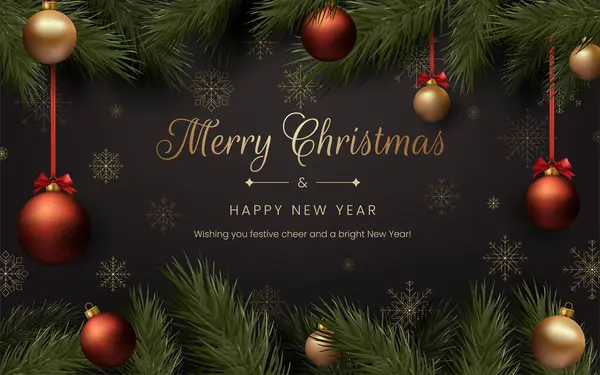 Dekoratif tasarımlı bir Noel kartı. Altın toplar, siyah bir arka plan, ve zarif bir metin, neşeli ve neşeli bir atmosfer. Tatil kutlamaları ve selamlar için. Yapay zeka oluşturulmadı.