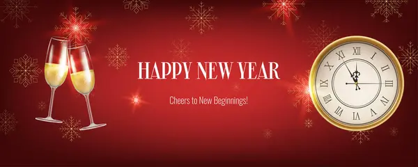 Gerçekçi kırmızı yeni yıl afişi, içinde bir saat, kar taneleri ve şampanya var. Altın ve Noel temalı süslemeler. Davetiyeler, selamlar ve organizasyonlar için uygun. Yapay zeka oluşturulmadı.