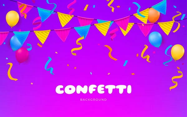 Konfetili, bayraklı ve balonlu mor pankart. Mutlu yıllar için atmosfer yaratıyor. Doğum günü partileri, yıldönümleri ya da herhangi neşeli bir olay için mükemmel bir tasarım. Yapay zeka oluşturulmadı.