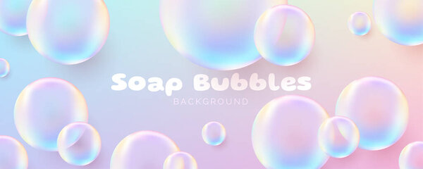 Realistic soap bubbles. Cute banner. Transparent bubbles with a glossy rainbow surface, conveying a clean and airy concept. Not AI generated.