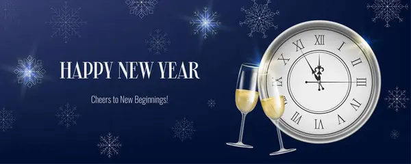 Realistische Nacht Nieuwjaarsspandoek Met Een Klok Sneeuwvlokken Champagne Goud Kerstmis Vectorbeelden