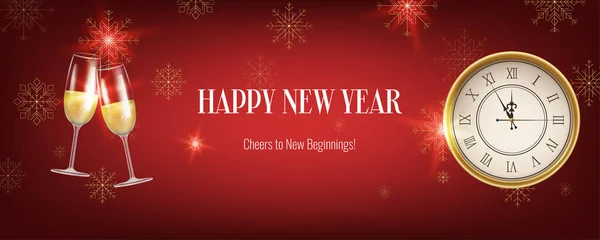Realistisch Rood Nieuwjaarsspandoek Met Een Klok Sneeuwvlokken Champagne Goud Kerstmis Rechtenvrije Stockvectors