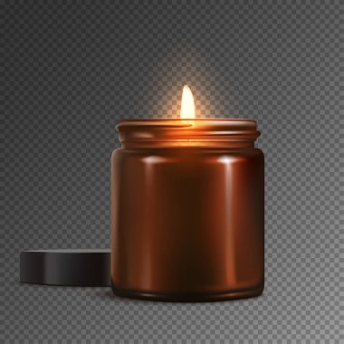 Şeffaf bir arka planda izole edilmiş kahverengi cam bir kavanozda parlayan bir mumun klasik 3D çizimi. Gerçekçi tasarım nostaljiyi çağrıştırıyor, aromaterapi ya da antika dekor için uygun. Yapay zeka değil.