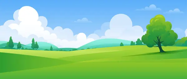 İçinde ağaçlar, çayırlar ve mavi gökyüzünün altındaki tepeler olan yeşil bir vadi barındıran panoramik bir manzara. Yazın doğanın güzelliğini göstermek için ideal. Çeşitli projeler için alanı kopyala. Yapay zeka değil.