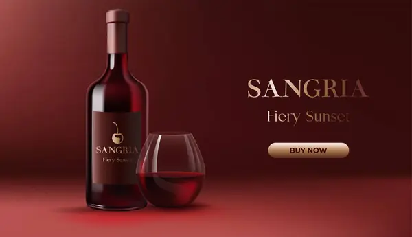 Gerçekçi bir 3 boyutlu kırmızı şarap sangria, şeffaf bir kadeh şarap marsala arka plan afişi ve altın elementler. Afişler, posterler ya da reklam malzemeleri için mükemmel. Yapay zeka değil.