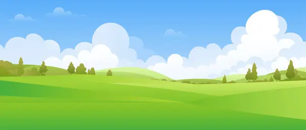 İçinde ağaçlar, çayırlar ve mavi gökyüzünün altındaki tepeler olan yeşil bir vadi barındıran panoramik bir manzara. Yazın doğanın güzelliğini göstermek için ideal. Çeşitli projeler için alanı kopyala. Yapay zeka değil.