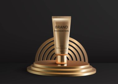 Altın tonlu lüks bir 3D podyum, güzellik ürünleri sergilemek için ideal bir temel krem altın tüp sunar. Modern tasarımı ve zarif sunumu reklam için mükemmel. Yapay zeka değil.