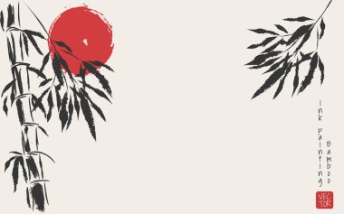Japon ve Çin estetiğine karşı bambuların mürekkep çizimi. Dekorasyon sanatı. Doğanın güzelliğini resmetmek, spa ve sağlık tasarımları için mükemmel. Yapay zeka değil.