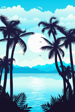 Palmiye ağaçları, okyanus ve renkli gökyüzü olan sakin bir cyan ve mavi tropikal manzara. Tropik plajları ve canlı manzarası olan rahatlatıcı bir tatil yeri. Yapay zeka değil.