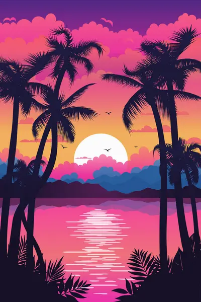 Tropikal bir adanın üzerinde canlı bir günbatımı olan heyecan verici pembe neon bir yaz manzarası. Palmiye ağaçları, plajları ve renkli gökyüzü olan doğa. Parti posteri ya da afiş için. Yapay zeka değil.