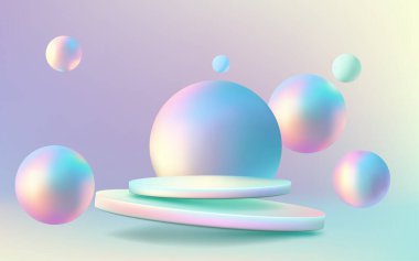Soyut bir arka planda neon mavi küresi olan gelecekteki üç boyutlu holografik podyum. Biraz gerçekçilikle modern ve minimalist tasarım. Moda ve renkli bir unsur. Yapay zeka değil.