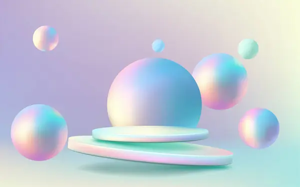 Soyut bir arka planda neon mavi küresi olan gelecekteki üç boyutlu holografik podyum. Biraz gerçekçilikle modern ve minimalist tasarım. Moda ve renkli bir unsur. Yapay zeka değil.