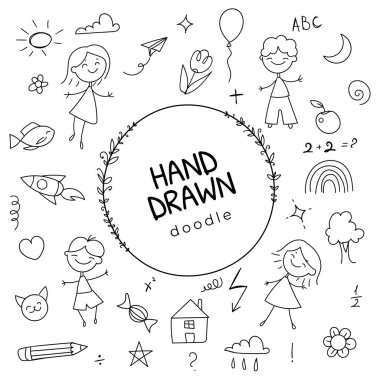 El çizimi çocuklar resimli çizgi film karakterleri çizerler. Şirin, gülümseyen çocuklar ve ikonlar da dahil. Yıldızlı çizgiler, balonlar, gökkuşakları, çiçekler, bulutlar. Eğlenceli, yaratıcı tasarım unsurları. Yapay zeka değil