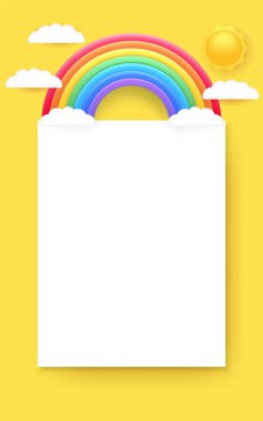 Gökkuşağı, sarı arka plan, güneş ve çizgi film bulutları olan üç boyutlu bir kağıt modeli. Poster ya da belgeler için, kişiselleştirme için boş alan içeren bir şablon tasarlayın. İş için ideal, çocuklar. Yapay zeka değil.