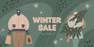 El yapımı Kış Satışı afişi. Erkekler ve kadınlar Noel indiriminde hediye alırlar. Kış tatili konsepti alışverişi