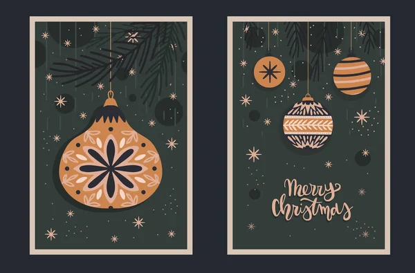Frohe Weihnachten Grußkarte Skandinavischen Stil Retro Dekorative Traditionelle Weihnachtskugeln Handgezeichnete — Stockvektor