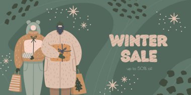 El yapımı Kış Satışı afişi. Erkekler ve kadınlar Noel indiriminden hediye alıyorlar. Kış tatili konsepti alışverişi