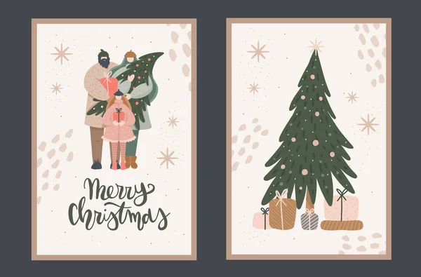 Glückliche Familie Mit Weihnachtsbaum Und Geschenken Grußkarten Set Vector Hand — Stockvektor