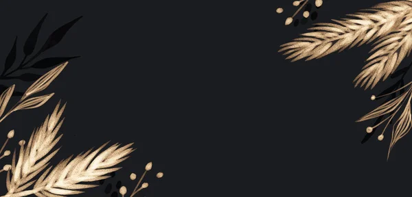 Dark Hand Малювали Різдвяний Фон Золотими Гілками Листям Льодовиковий Прапор — стоковий вектор