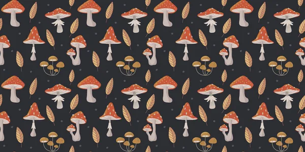 手工绘制的森林蘑菇无缝隙图案 黄菇传病媒介 — 图库矢量图片