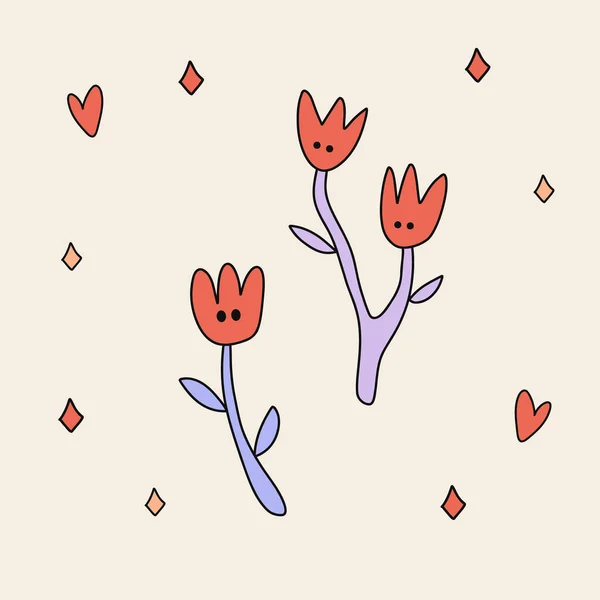 Lustiger Retro Sticker Von Groovy Flower Mit Augen Vintage Cartoon — Stockvektor