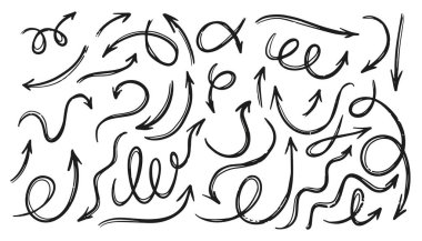 Büyük el yapımı çeşitli oklar. Beyaz arka planda siyah oklar. Vektör izole simgesi