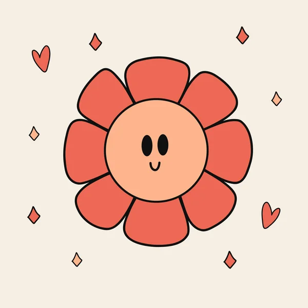 Lustiger Retro Sticker Von Groovy Flower Mit Augen Vintage Cartoon — Stockvektor