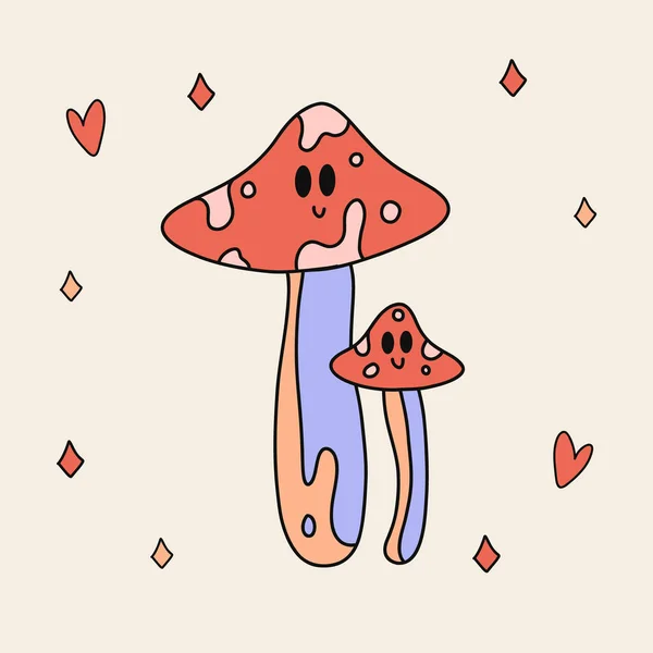 Lustige Retro Sticker Von Groovy Mushroom Mit Augen Vintage Cartoon — Stockvektor