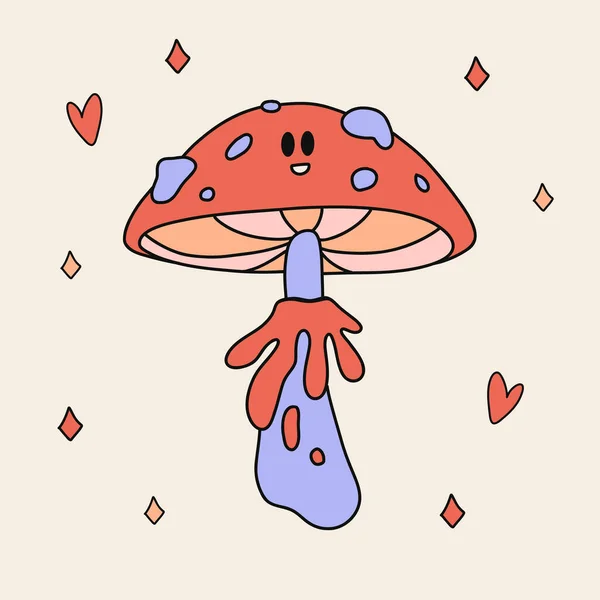 Lustige Retro Sticker Von Groovy Mushroom Mit Augen Vintage Cartoon — Stockvektor
