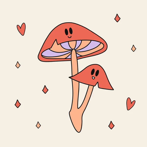 Grappige Retro Sticker Van Groovy Mushroom Met Ogen Vintage Cartoon — Stockvector