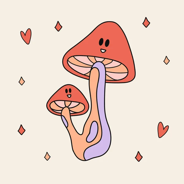 Stiker Retro Lucu Dari Mushroom Groovy Dengan Mata Kartun Kuno - Stok Vektor