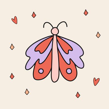 Komik eski moda Kelebek Çıkartması. Klasik karikatür 60 'lar - 70' ler psikedelik element. İzole vektör illüstrasyonu