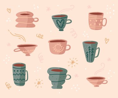 Elle çizilmiş çeşitli fincanlar ve sıcak çay ya da kahve. Doodle vektör illüstrasyonu
