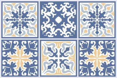 Renkli Yamalı Kusursuz Fas Mozaik Döşemeleri. Klasik mavi Portekiz azulejo, Meksika talavera, İtalyan majolika süsü, Arabesk motifi veya İspanyol seramik mozaiği