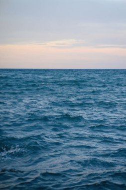 Blue ocean panorama with waves, vast open sea with clear sky. Idea for cold background and copy space