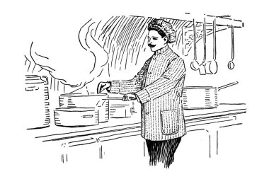 Aşçı (yemek hazırlayıcısı) çizgili ceket ve şapkayla mutfakta - Klasik illüstrasyon