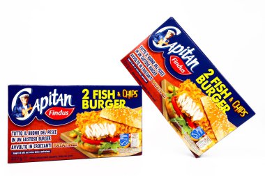 Pescara, İtalya 21 Şubat 2020: Captain FINDUS Fish & Chips Burger. Findus, Göçebe Gıda Grubu 'nun donmuş gıda markası.