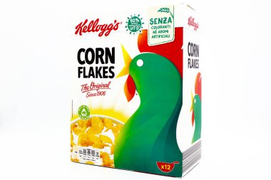 Pescara, İtalya 20 Aralık 2019: Corn Flakes Kellog 'un Kutusu