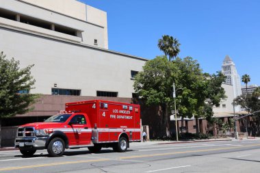 Los Angeles, Kaliforniya - 18 Mayıs 2019: Los Angeles İtfaiye Departmanı kırmızı kamyonu