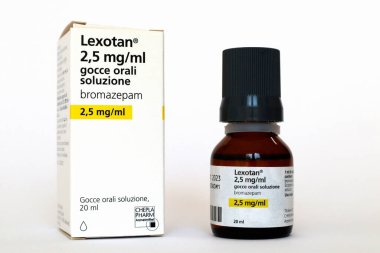 Roma, İtalya 16 Ağustos 2022: LEXOTAN Bromazepam, bir benzodiazepin ilacı. Şiddetli anksiyete tedavisinde kullanılan ilaç. Cheplapharm Arzneimittel GmbH