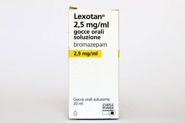 Roma, İtalya 16 Ağustos 2022: LEXOTAN Bromazepam, bir benzodiazepin ilacı. Şiddetli anksiyete tedavisinde kullanılan ilaç. Cheplapharm Arzneimittel GmbH