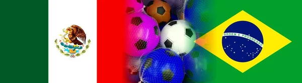 Флаги Бразила Мехико Разноцветными Футбольными Мячами — стоковое фото