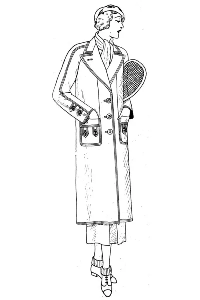ヴィンテージの服を着た女性の手描きスケッチ ファッションイラスト — ストック写真
